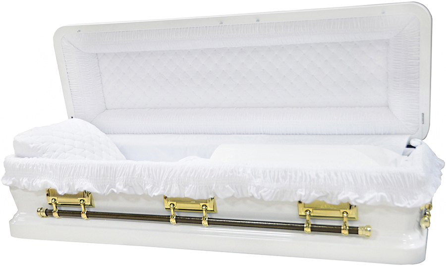 4581a-FC- Full Couch w/Foot Panel 18gaWhite Finish w/wide gold stripe, White velvet, blanket, fo
