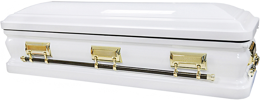 4581b-FC- Full Couch w/Foot Panel 18gaWhite Finish w/wide gold stripe, White velvet, blanket, fo