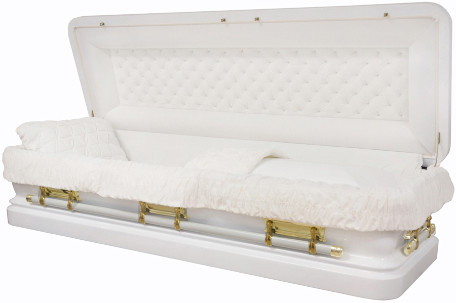 4618fc - Priest Casket w/Foot Panel18ga White Finish, White velvetGold Hardware