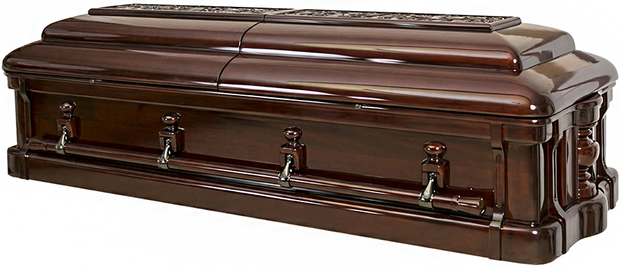 4671b - Med Brown Half Couch, Solid Mahogany Carved Top, Nancy Reagan w/ Beige Lining