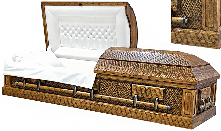 4835- Wood Pyrography Design Casket Rustic look, Almond Velvet Interior