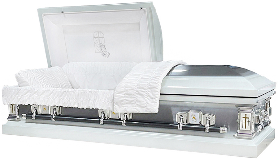 6314-B - Praying Hands Casket, 18gaWhite Velvet, Silver Brush Silver Hardware, Gold accent