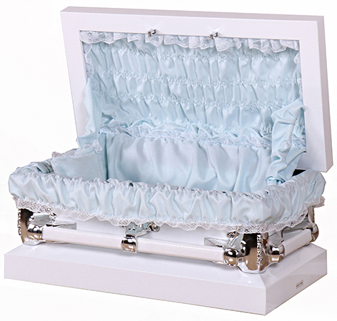 7703-FC 24/28" White Child's CasketLt Blue Interior(Inside24"Lx11 1/2"WOutside28Lx15.5W)