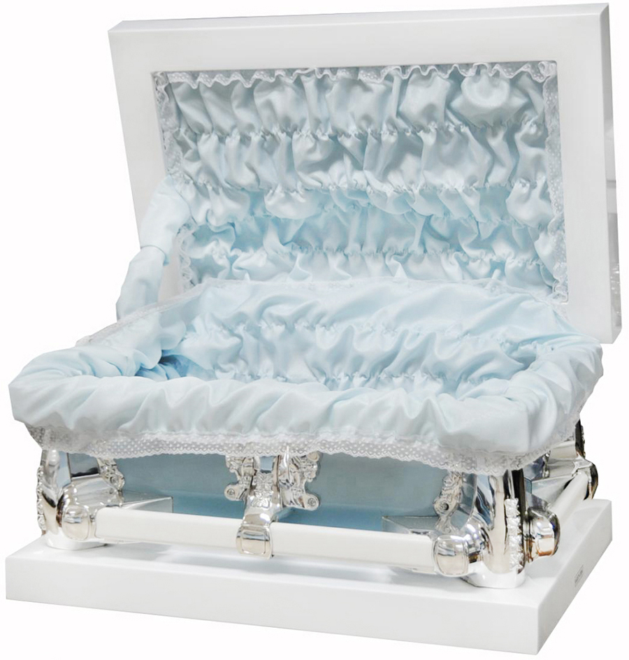 7913-FC-23" -White Child'sCasket, Blue InteriorInside19.5"L x 11"W"Outside23.0L x 15.5W