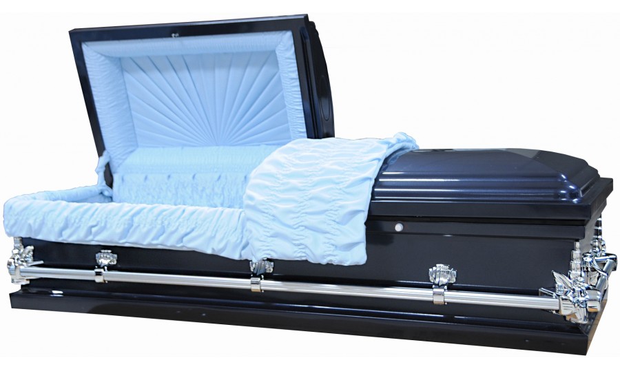 7948-HC-67"-Navy Blue Child's Casket, Light Blue InteriorIn 66.5x19", Out 70.7x23.5x17.7"H