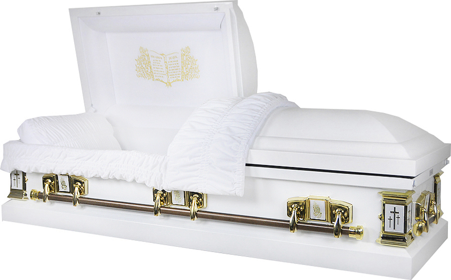 8016 - Lords Prayer Casket 18gaWhite Velvet, Crosses, Praying Hands