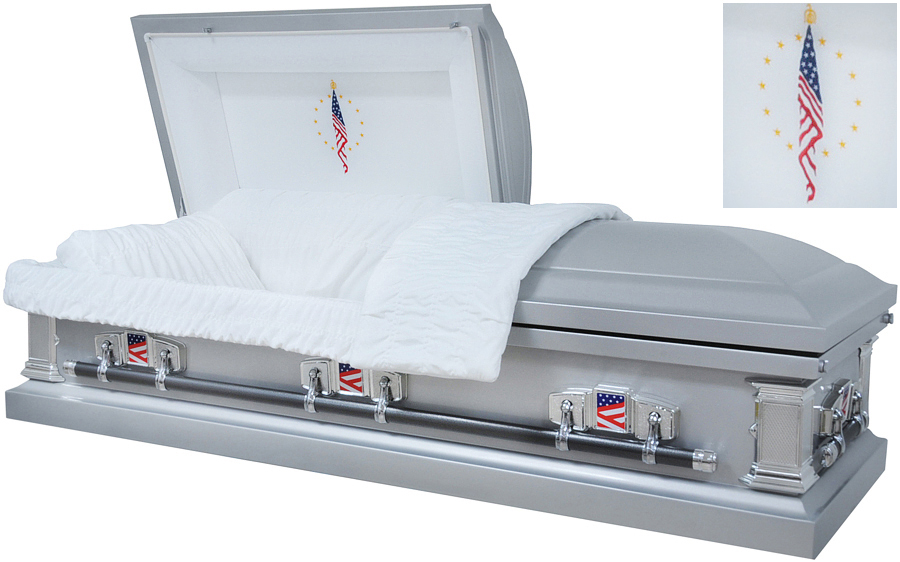 8120 - Flag Casket 18gaSilver Finish / Patriotic Head Panel, White Velvet