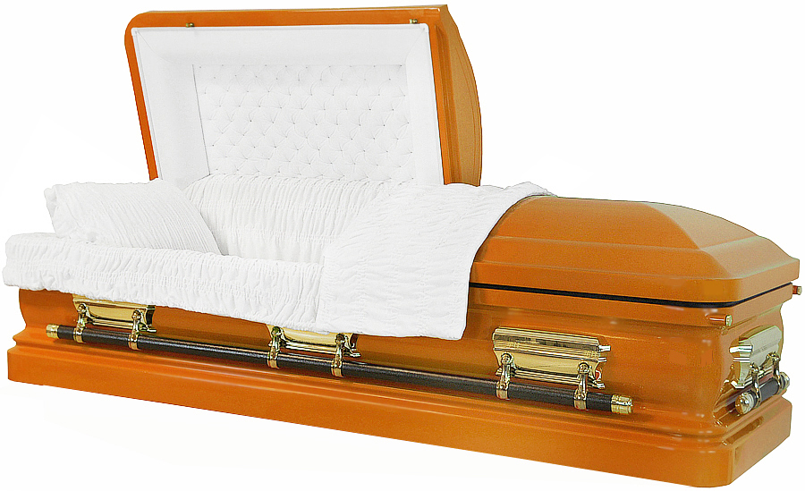 8209 - 18 Gauge Steel CasketOrange CasketWhite Velvet, Gold Hardware