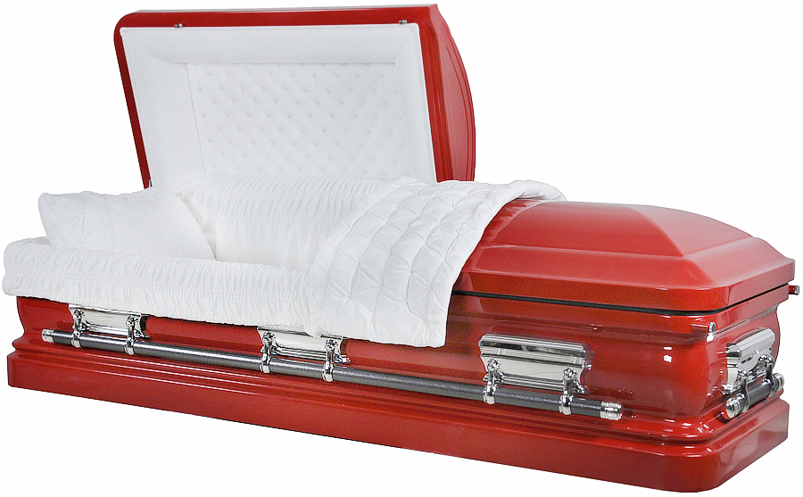8216 - 18 Gauge Steel CasketRed Casket with White velvet, Silver Hardware