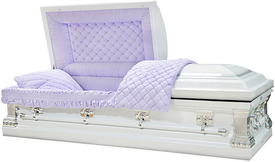 8267-18ga White Casket w/ Silver AccentLavender Velvet, Silver Hardware