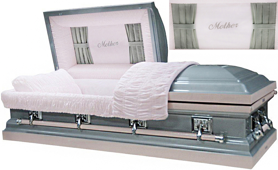 8268 - Mother Casket w/ Curtains Head Panel, 18gaGray with Pink, Sterling Rose Pink Velvet,