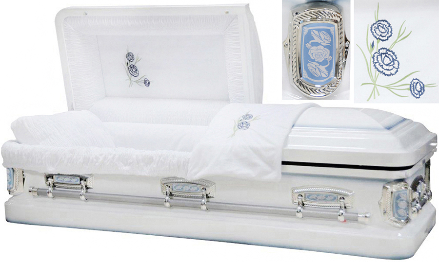 8269- White Primrose w/ Blue accents, 18ga CasketWhite Velvet Interior