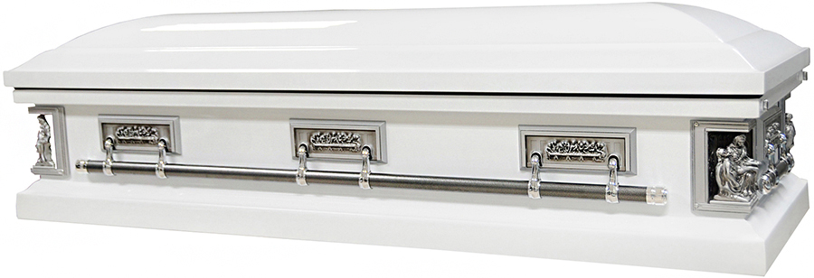 8284b-FC=8556 - 18ga Pieta Casket Last Supper - White Finish - White Velvet - Silver Hardwa