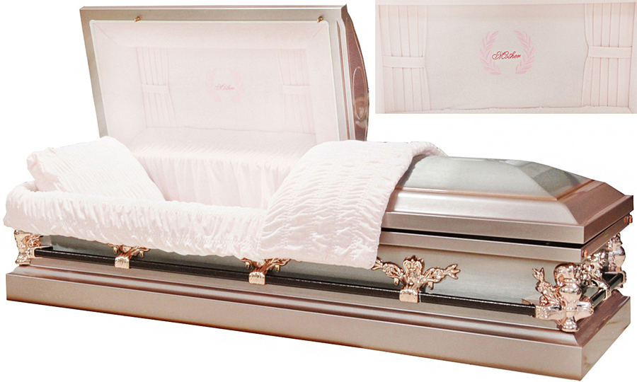 8329 - Mother Casket w/ Curtains Head Panel18ga, Silver Rose Finishw/Silver Brush, Rose Tan