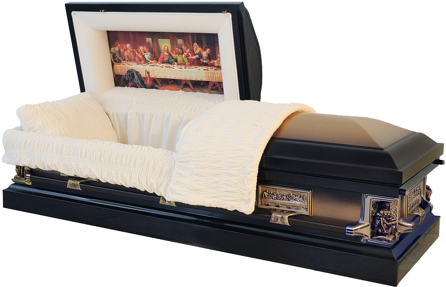 8363=8337 - La Pieta, Last Supper Casket 18ga Dark Brown/Light Brown Brush with Alm