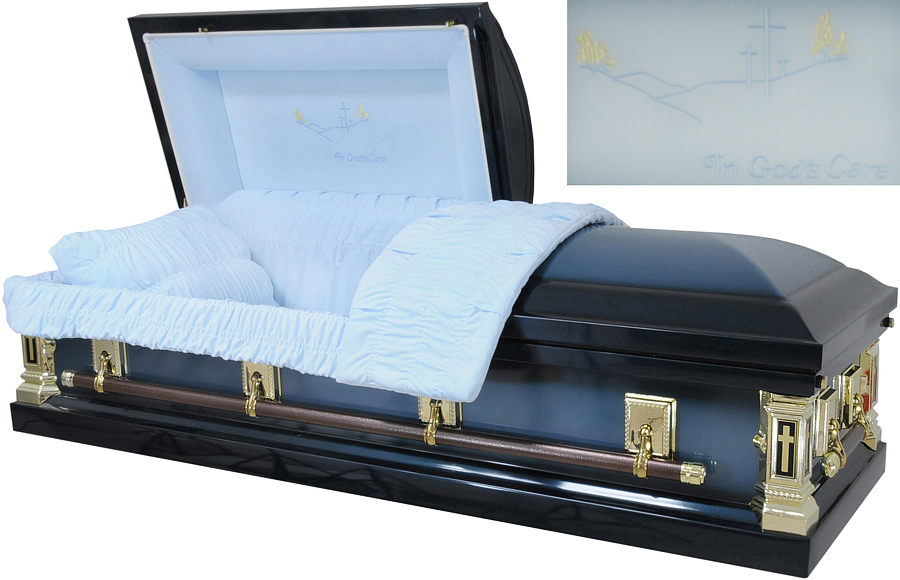 8369 - 18ga In God's Care CasketDark B/Light Blue, Light Blue Velvet, Black Bar