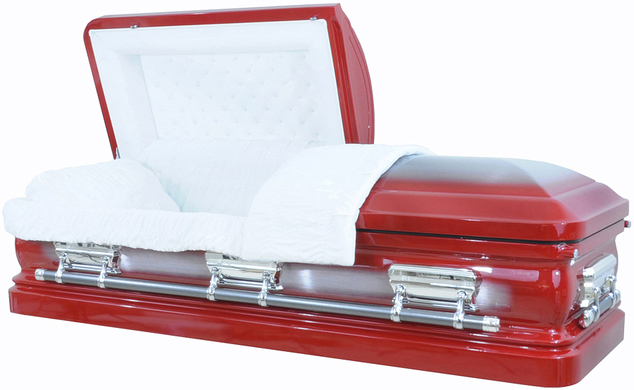 8374 - Red Casket w/Silver Brush, 18gaWhite Velvet, Silver Hardware