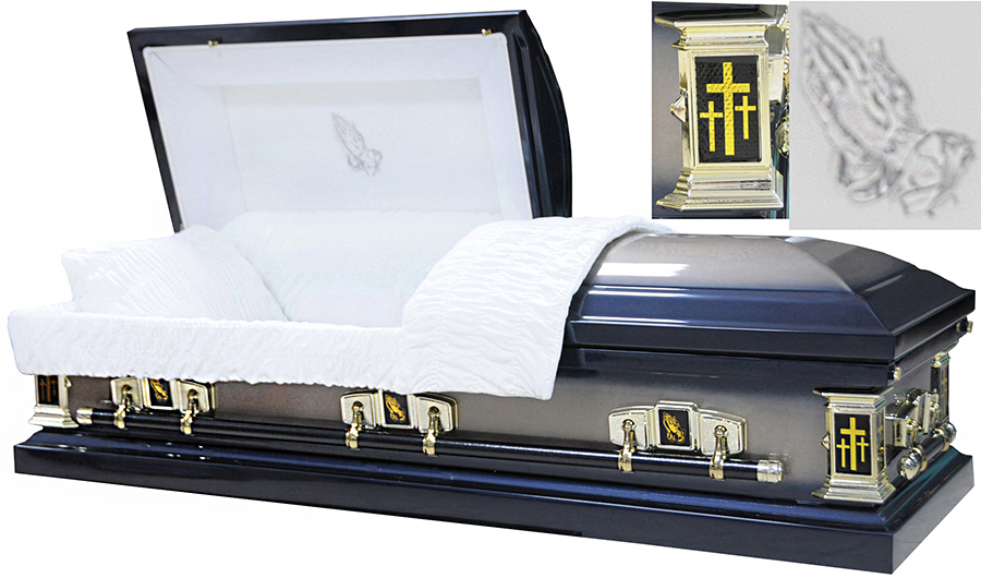 8384 - 18 Gauge Steel CasketDark Blue / Light BrownWhite Velvet Interior