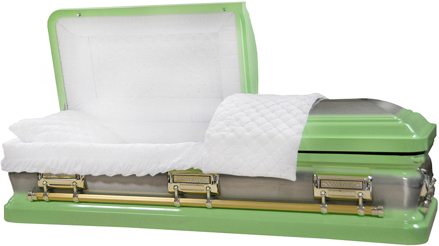 8412 - 18ga Pastel Green Casket W/ Natural BrushWhite Velvet Interior, Gold Hardware