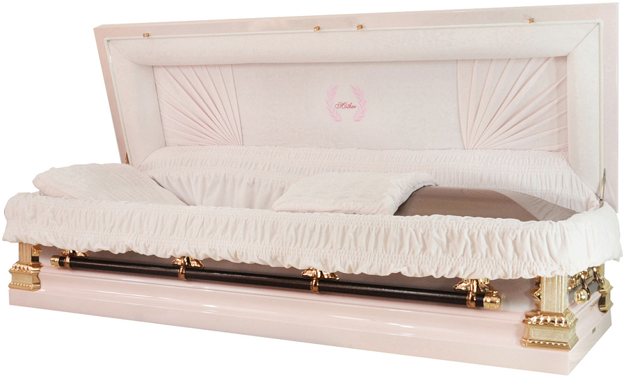8432-FC- Full Couch w/Foot Panel 18gaMother Casket, Light Pink Velvet, blanket