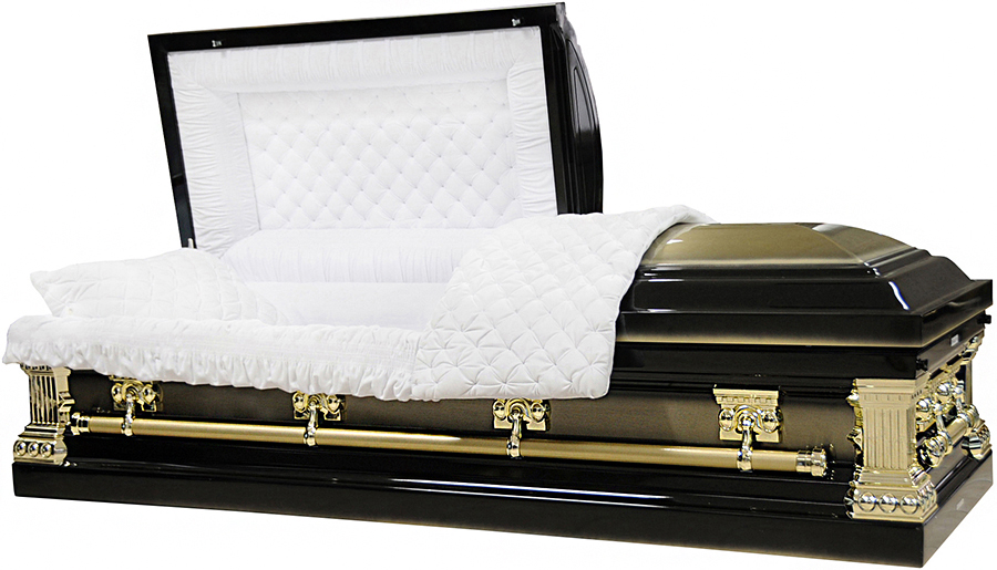8439-A-Black Casket W/ Gold Accent & Gold Brush White Velvet, Gold Hardware