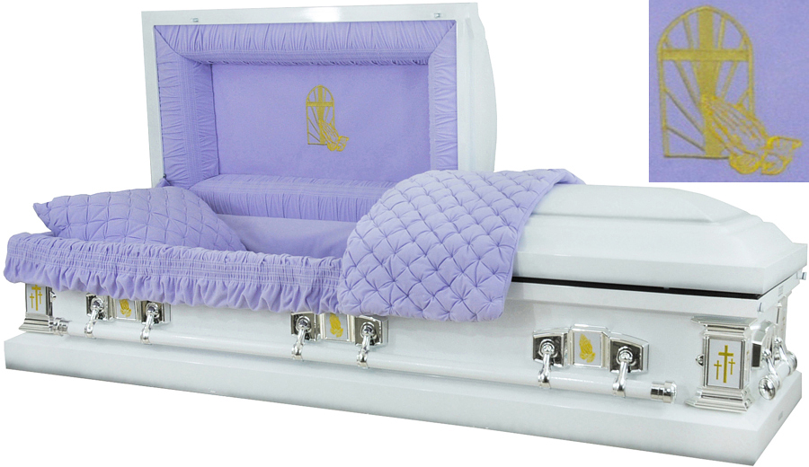 8453-A - Praying Hands Casket 18gaAntique White Finish - Lavender Velvet