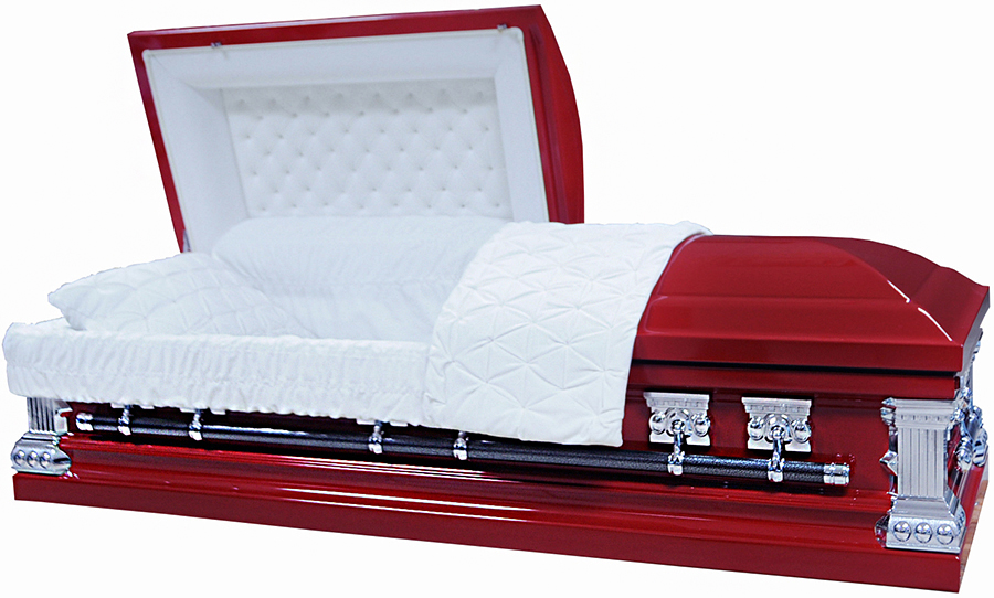 8557 - 18ga - Red Casket White velvet, Silver Hardware
