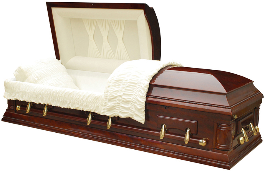 8640 - Mahogany Veneer Wood CasketHigh Gloss - White Velvet Interior