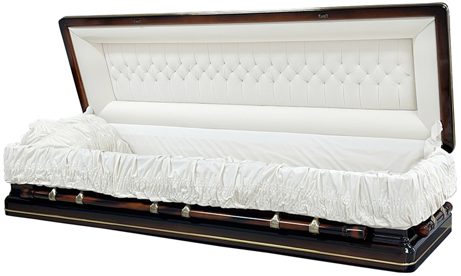 8802FC Antiqued Solid Poplar Casket High Gloss, Cream Velvet, Gold Stripe NO Foot Panel