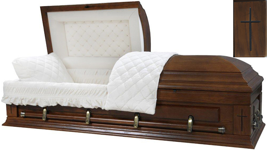 8847A - Solid OAK - In Gods Care Casket Dark Brown, Swing Bar, Almond Velvet