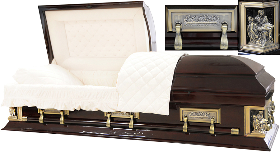8882 - La Pieta Last Supper Casket Solid Mahogany Almond Velvet Interior