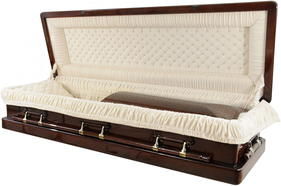 8888 Full Couch W/ Foot Panel Solid Mahogany CasketAlmond Velvet Interior