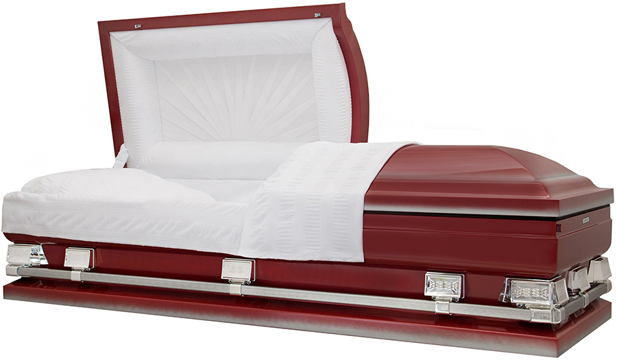 9344-29 - Bright Red Casket w/ Silver AccentsWhite Crepe Interior, 28.5" inside / 29 1/4" outs