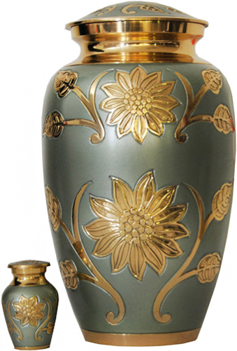 008-A - Brass UrnVelvet Box plus1 KeepsakeOlive Green/ Gold Trim