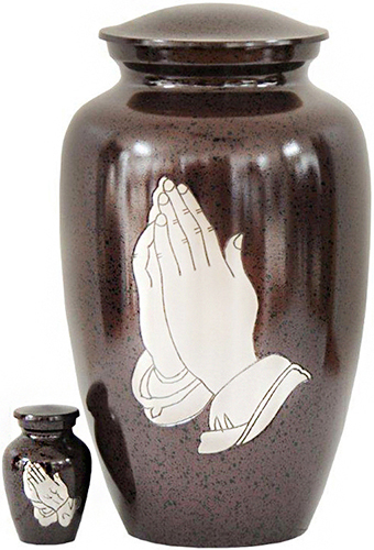 266-A - Brass UrnPraying Hands, Plum+Black Speckles