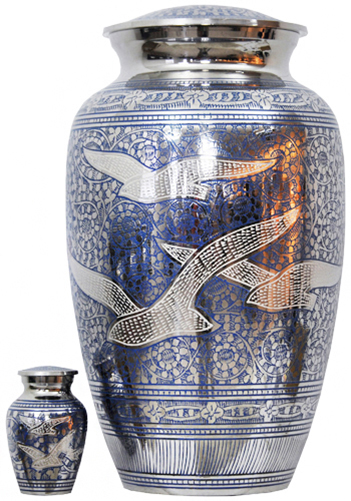 085-A - Brass UrnVelvet Box plus1 KeepsakeBlue with Mirror Finish