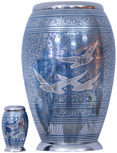 104-A - Brass UrnVelvet Box plus1 KeepsakeSilver with Blue Design