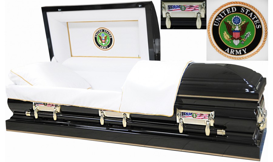 . S. Army Casket (18ga)Black, Gold Piping, Gold Hardware, Gold Pinstripe