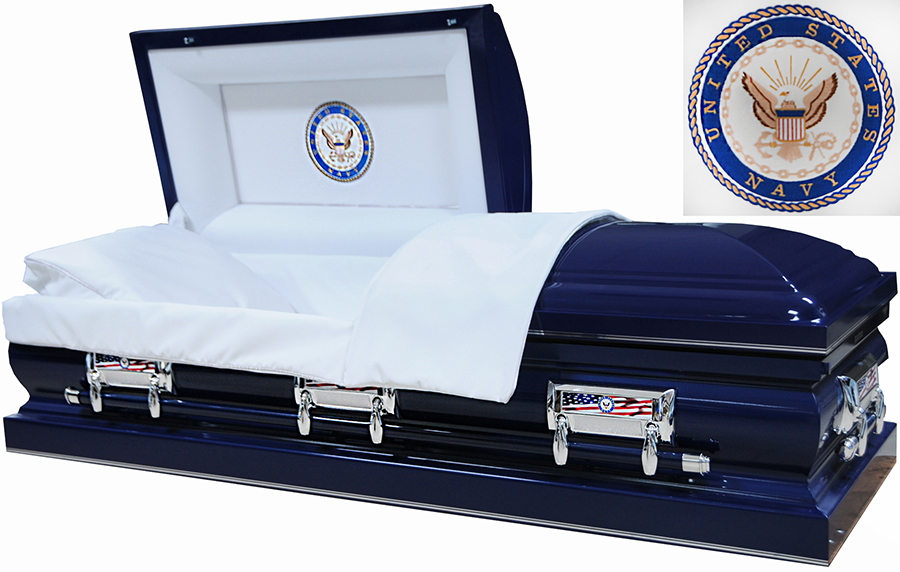 U. S. Navy Casket (18ga)Navy Blue Finish, Silver Pinstriping, Silver Hardware